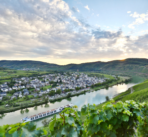 Blick auf ein Weindorf an einem Fluss mit einem Kreuzfahrtschiff und umliegenden grünen Weinbergen bei Sonnenuntergang.