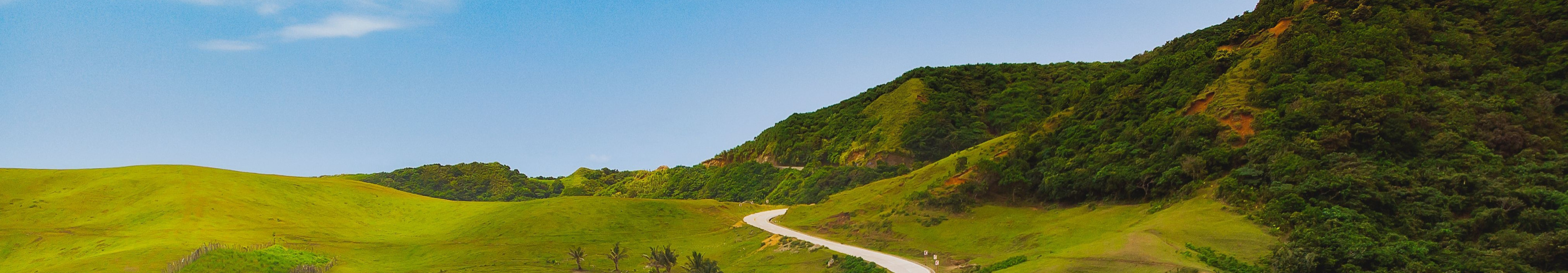 Geschwungene Straße führt durch grüne Hügel und weite Landschaft mit blauem Himmel auf den abgelegenen Batanes-Inseln.
