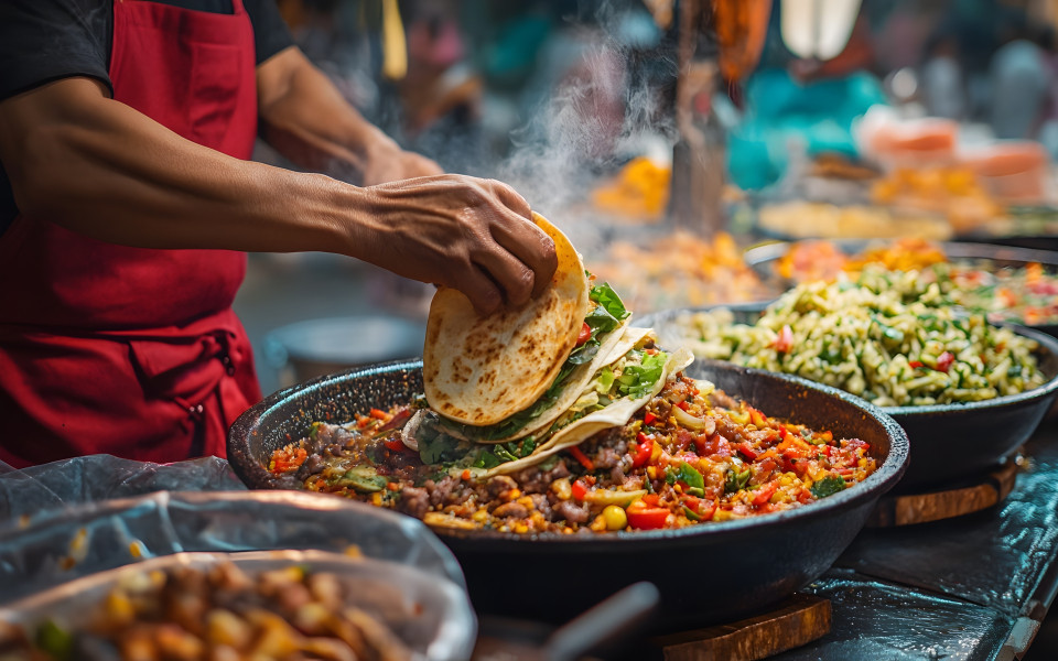 Verkäufer bereitet herzhafte Wraps in Mexiko am Street Food Markt zu