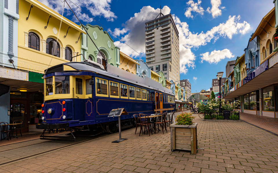 Straßenbahn an der New Regent Street in Christchurch, Region Canterbury auf der Südinsel Neuseelands
